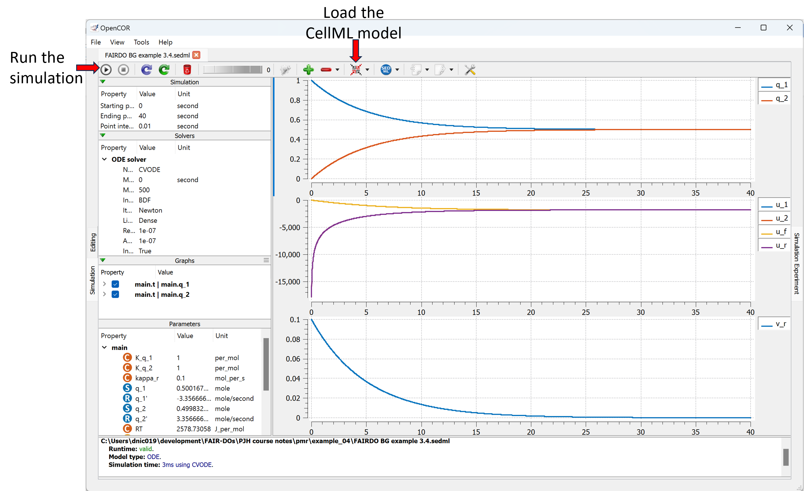 OpenCOR showing simulation experiment.