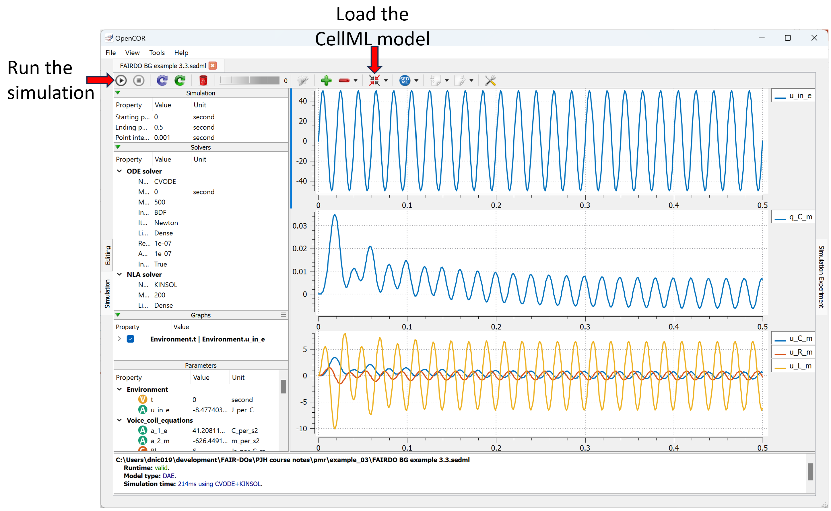 OpenCOR showing simulation experiment.