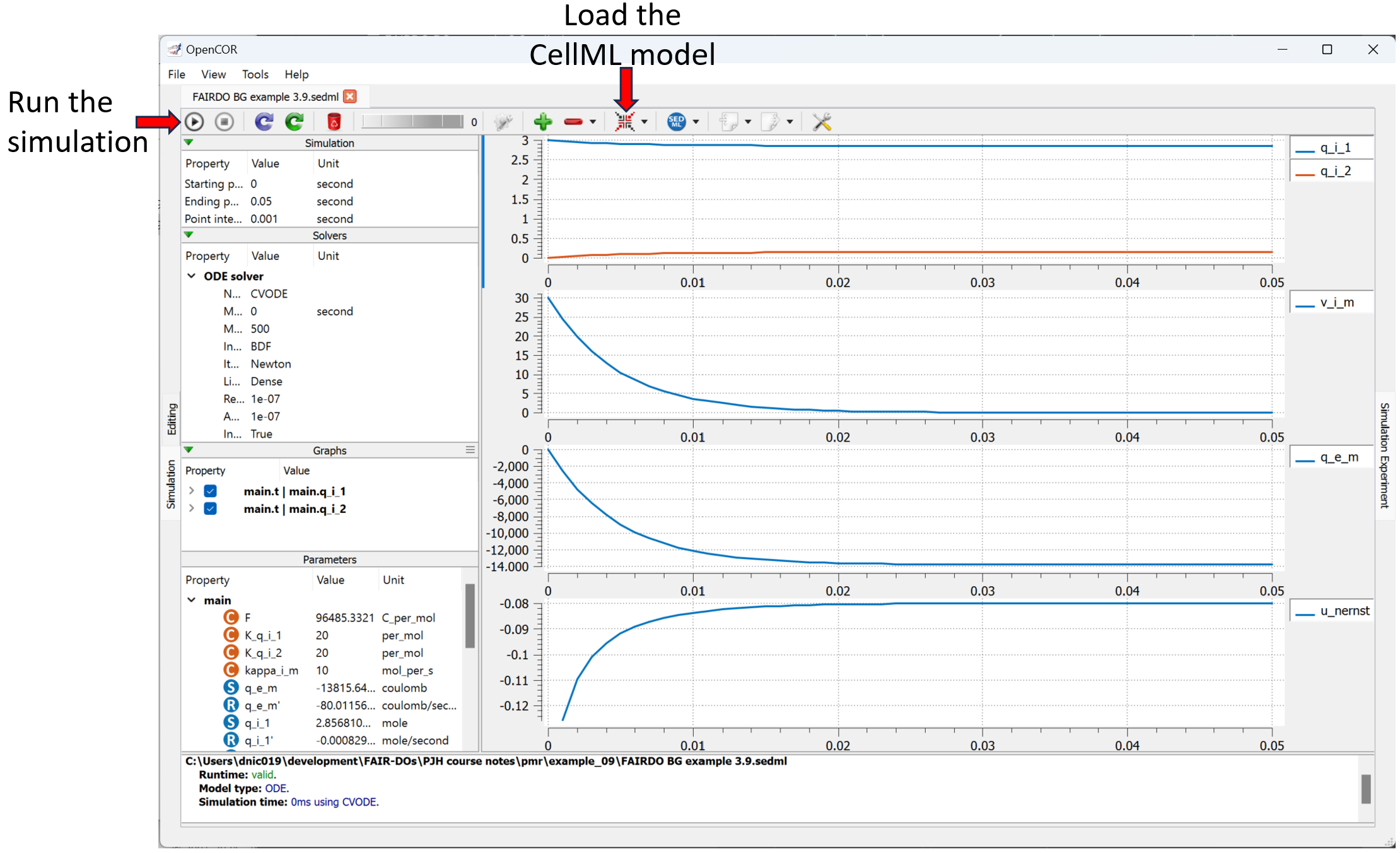 OpenCOR showing simulation experiment.